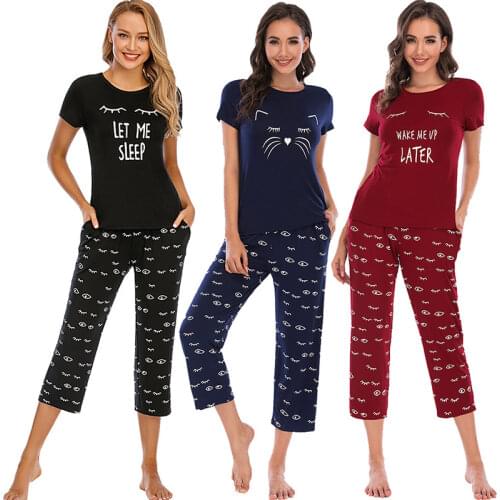 Autumn Womens Pajamas Printed Short-sleeved Cropped Trousers Round Neck Two-piece Home Service Pajamas for Women