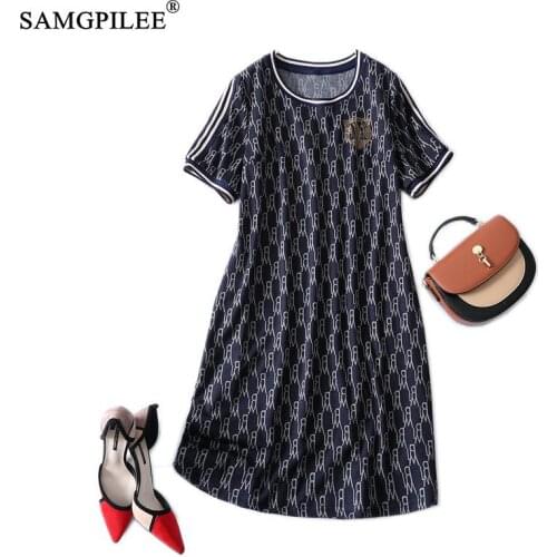 Samgpilee Dresses For Women 2021 New Casual A-line Print Short Sleeve Knee-length Elegant O-neck Summer Clothes For Womens 4xl