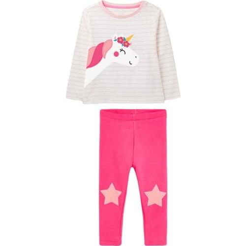 Girls O-neck Long Sleeve Casual Fashion Cartoon Unicorn Stripes T-shirts+ Star Legging Pants 2PCS Clothing Sets Cotton Set