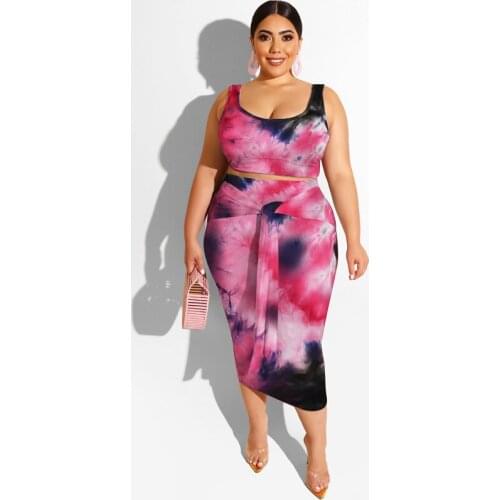 Plus Size Streetwear Tie Dye Print Women Two 2 Piece Dress Set Outfit O-neck Tank Top and Tie Up Bodycon Maxi Skirt Matching Set