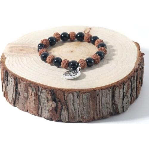 Rudraksha&Black Onyx Yoga Elastic Rope Bracelet Mens Womens Charm Fashion Energy Bangle OM Pendant Semi-Precious Stone Jewelry