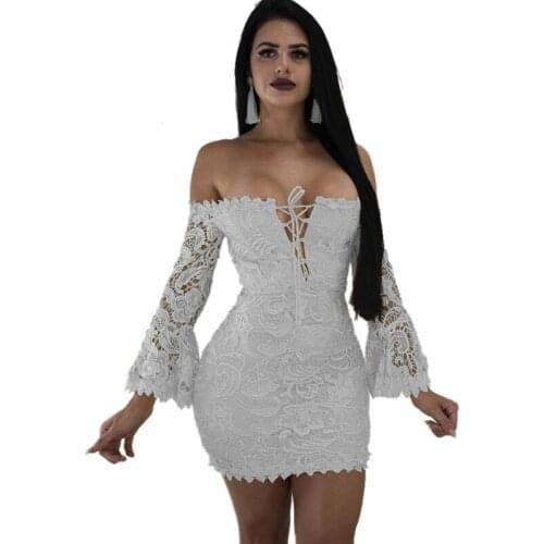 Sexy Off Shoulder White Lace Dress Women Hollow Out Elegant Evening Party Long Sleeve Bodycon Dress Plus Size Vestido De Festa