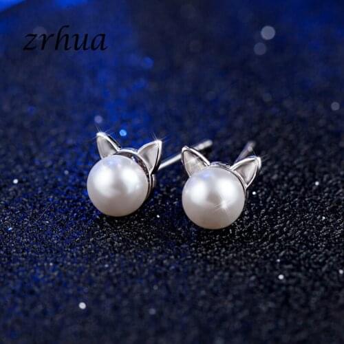 ZRHUA Silver Color High Quality Earrings Jewelry Women Accessories Elegant Cat Pearl Stud Brincos for Girl Christmas Gift