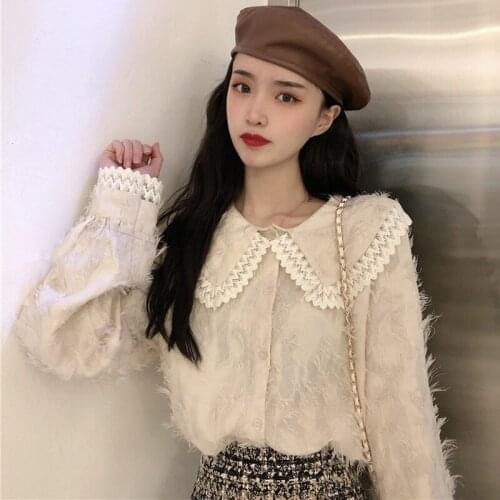 HStar Spring Clothing 2020 Korean Sweet Peter Pan Collar Blouse Lady Lace Shirt Tops Female Long-sleeved Versatile