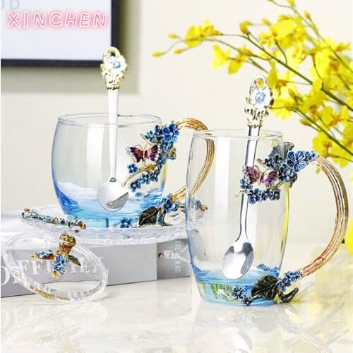 XINCHEN Enamel Colored Water Cups European Thermostable Glass Creative Fancy Flower Tea Cup Coffee Cup Practical Wedding Gift