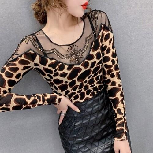 #8626 Black Leopard T Shirt Women Spliced Gauze Sexy Skinny T Shirt Female O Neck Diamonds Tee Shirt Femme Slim Korean Fashion