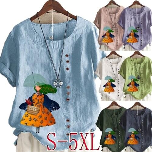 Women Loose Round Neck Short Sleeve T-shirt Casual Cartoon Pattern Printed Shirts & Tops Ladies Plus Size Blouse