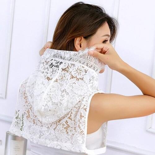 Women Girls Crochet Hollow Floral Lace Fake Collar with Hoodie Cap Fairy Pullover Half-Shirts Sweater Decorative Sunscreen Hat