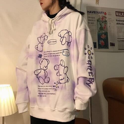 Women Pink Cute Bear Print Tie Dye Hoodie Sweatshirt Hooded Harajuku Vintage 2021 Spring Autumn Oversized Pullover Teen Clothing