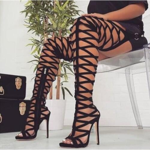 Black Yellow Orange Pink Python Cuts Out Gladiator Over The Knee Belt Waist Boots Woman 12 cm Heels Laser Thigh Sandals Boots