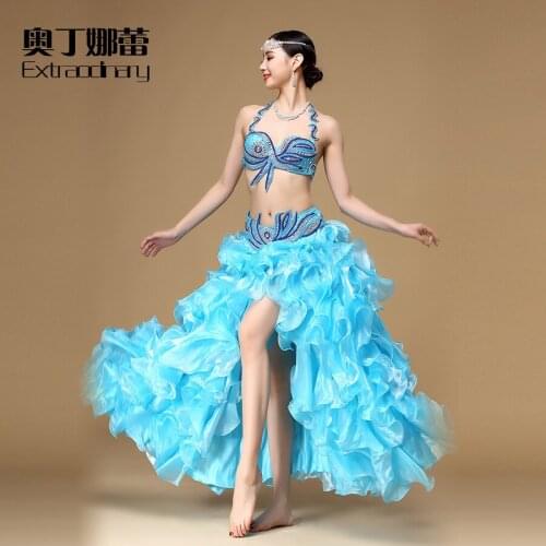 2017 Performance Women Dancewear Professional 3pcs Outfit Bra+belt+skirt For Oriental Beads Costume Belly Dance Wj01200+q01315