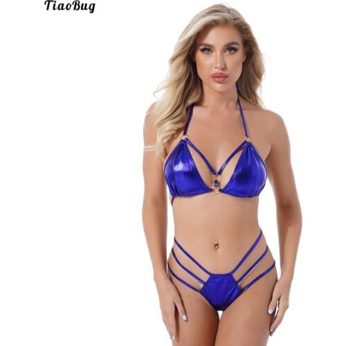 TiaoBug Summer Women Patent Leather Halter Lace Up O-Ring Front Bra With Metal Chain Patchwork Briefs Charming Bikini Set