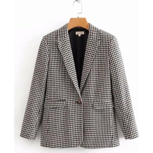 2019 Elegant Casual Swallow Gird Office Lady Blazer Long Sleeve Chic Outerwear Women Suits Balck and White Plaid Leisure Coat