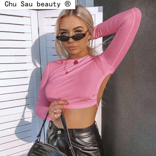 2021 New Fashion Summer Sexy Style Solid Mini Top Tees Backless Long Sleeve Women Crop Tops Hollow Out Female Tight T-shirt