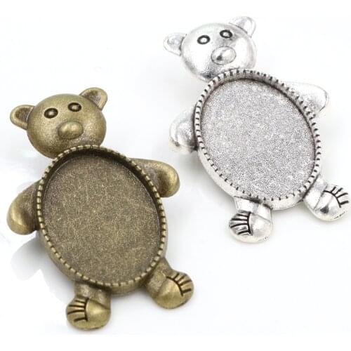 5pcs 18x25mm Inner Size Antique Silver Plated and Bronze Brooch Pin Bear Style Cameo Cabochon Base Setting