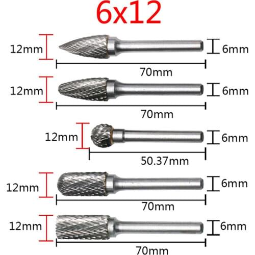 5pcs 6x12mm Double Lines Rotary File Burr Tungsten Carbide Rotary Cutter Files for Rotary Drill
