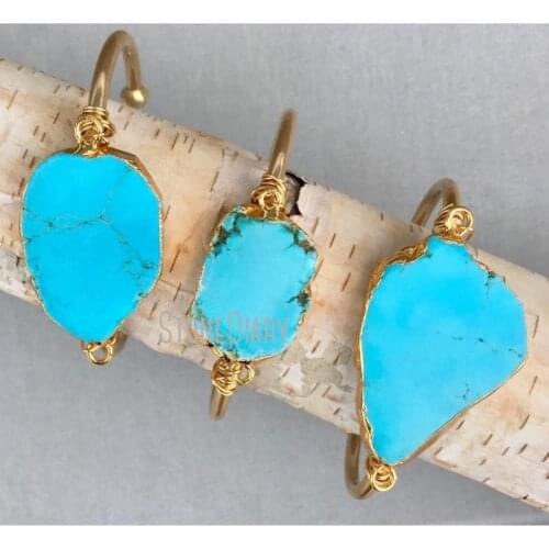 10Pcs Slice Cuff Raw Brass Gold Bracelet Boho Turquoises Cuff Freeform Turquoises Slab Slice Bracelet Adjustable BM14789