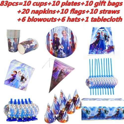 Disney Frozen Princess Snow Queen Theme Happy Birthday Flags Decor Kids Girl Party Supplies Decoration Disposable Tableware Set