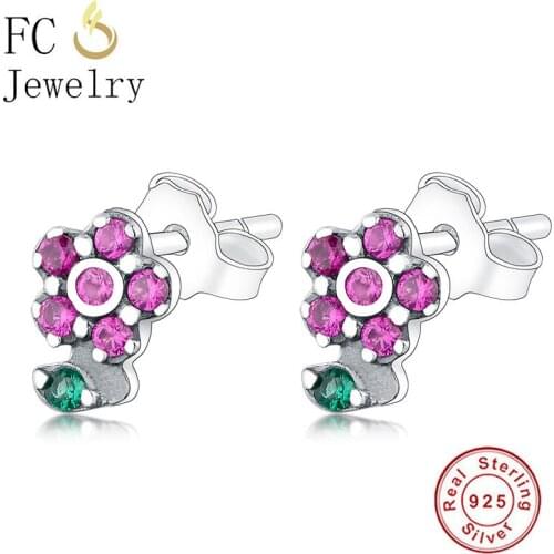 FC Jewelry 100% 925 Silver Pink Color Flower Leaf Zirconia Piercing Stud Earring For Women Accessories Minimalist Brincos 2020