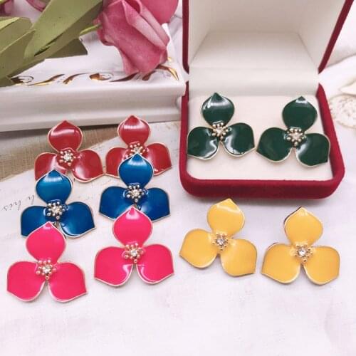 Petal Enamel Earrings Stud Modern Vintage Retro Stud Female Crystal Accessories Sweet Brincos