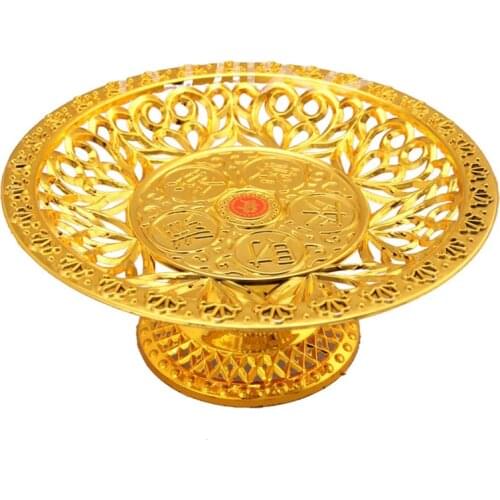 Sale Price God of Fortune Exquisite Hollow Carve Patterns Gold Plastic Fruit Plate Noble Buddhist Worship Deities Tray 8 Inch