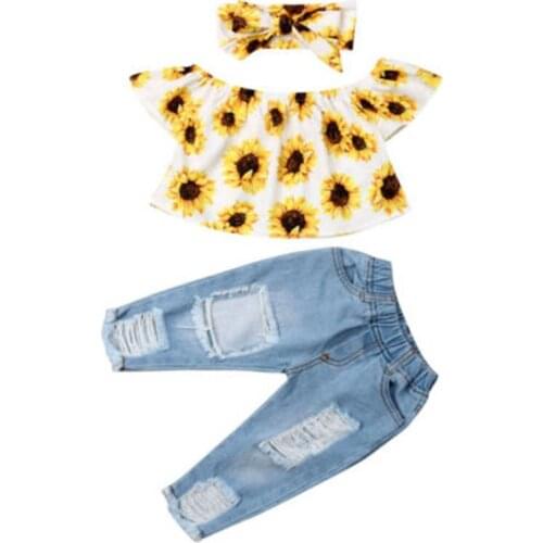 Fashion Kids Baby Girl Off Shoulder Sunflower Tops Denim Jeans Pant Outfits Set Clothes Summer