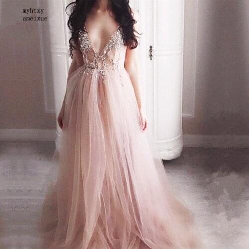 Backless Muslim Evening Dresses 2020 Sexy v-neck Tulle Crystals Formal Islamic Dubai Saudi Arabic Long Elegant Evening Gown