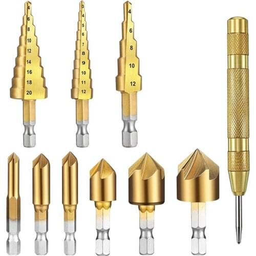ABSF Step Drill Bit Set 1/4 Inch Hex Shank 5 Flute Counter Sink Drill Bit Set with Automatic Spring Loaded Center Punch