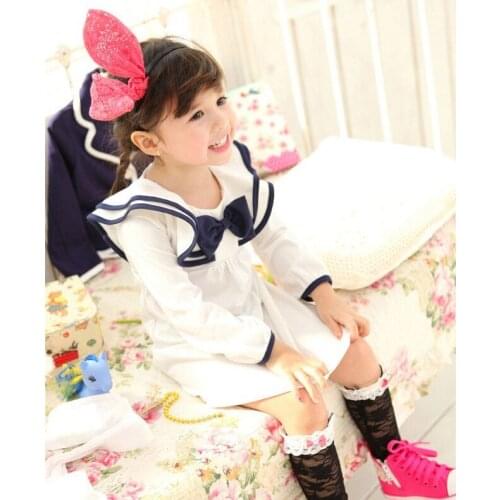 Spring autumn navy style ribbons baby dress black white 100% cotton long sleeve girls dresses kids dress baby girl clothes