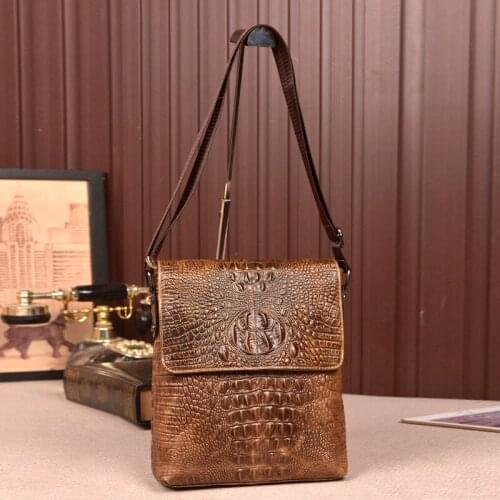 Luxury Crocodile Pattern Genuine Leather Mens Messenger Bags Cowhide Sling Bag Fashion Vintage Vertical Shoulder Bag