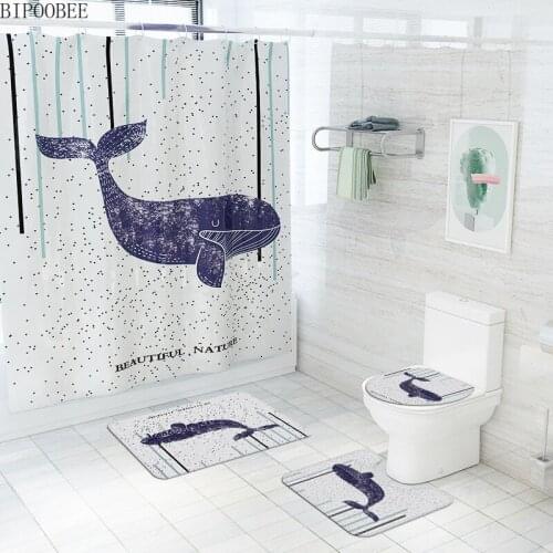 Cartoon Whale Printed Shower Curtain Set Bath Mats Rugs Waterproof Bathroom Curtains Marine Life Toilet Lid Cover Anti-slip Rug