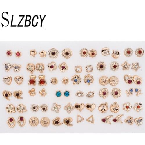 SLZBCY Gold Silver Color Mix Model Crystal Stud Earrings Set for Flower Triangle Shaped Earring Girl Kid Jewelry 36 Pairs/Lot