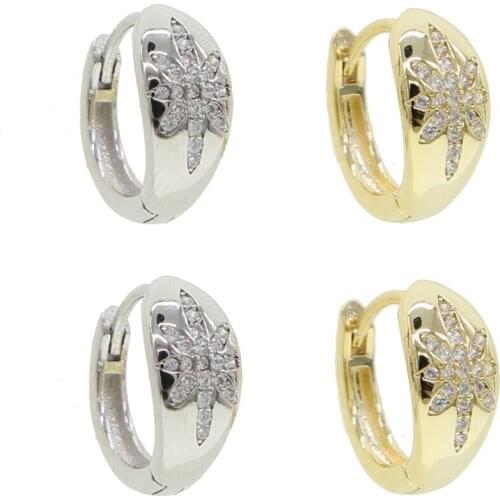 Engraved Flower Star Signet Hoop Earrings With Sparking Cz Stone For Women Fashion Wedding Jewelry Gift 2020 High Quality