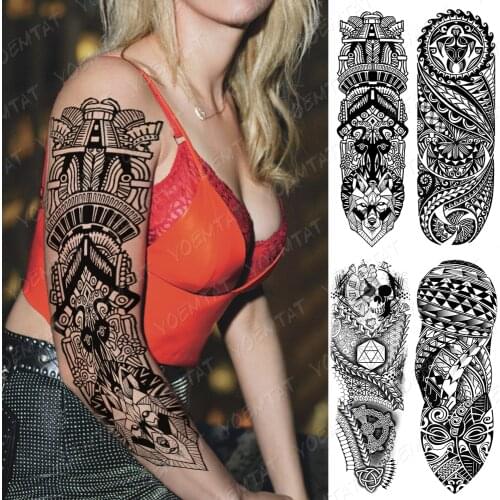Waterproof Temporary Full Arm Tattoo Stickers Indian Maori Skull Black Tribal Totem Flash Tattoos Man Body Art Fake Tatto Female