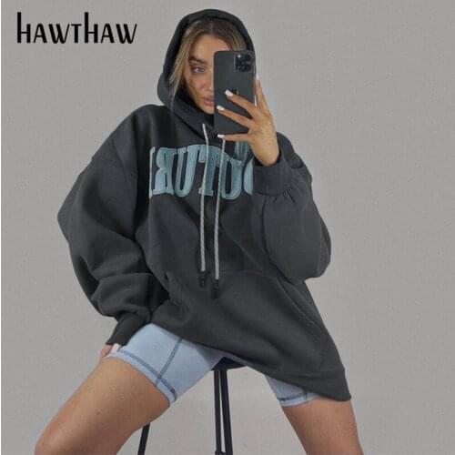 Hawthaw Women Fashion Autumn Long Sleeve Hooded Letter Print Tops Hoodie Pullover Sweatshirt 2021 Fall Clothes Wholesale Items