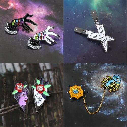 Devil Skeleton Hands Cross Knife Love Skull Lady Spider Brooch Makeup Fiend Woman Tear Knife Spider Web Enamel Pin Friend Gifts