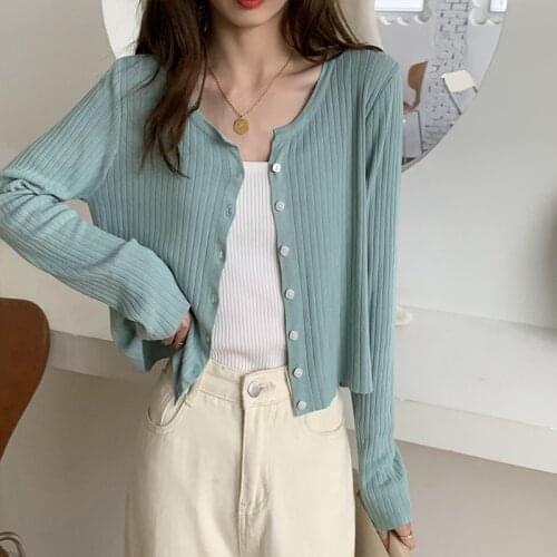 Womens Knitting Cardigan V-neck Button Solid Color Long Sleeve Thin Slim Sunscreen Top Wholesale 2021 New Female Clothing