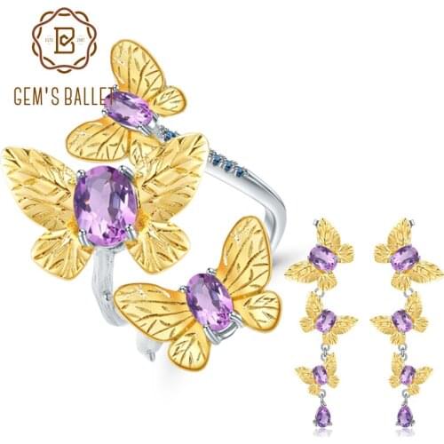 GEMS BALLET 925 Sterling Silver Ring Earrings Jewelry Sets 6.89Ct Natural Amethyst Handmade Cute Butterfly Jewelry For Women