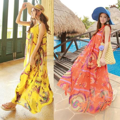 Womne Summer Fashion Retro Ruffle Neck Sleeveless Boho Chiffon Floral Pleated Loose Belted Party Big Hem Long Maxi Dress Belted