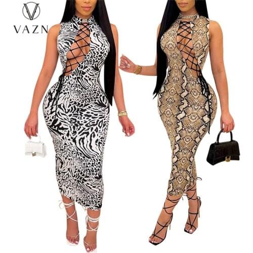 VAZN 2021 Long Dress Hollow Out Cross Bandage Top Retro Sexy Club Tank Sleeve Soft Young Style Women For Evening Robe