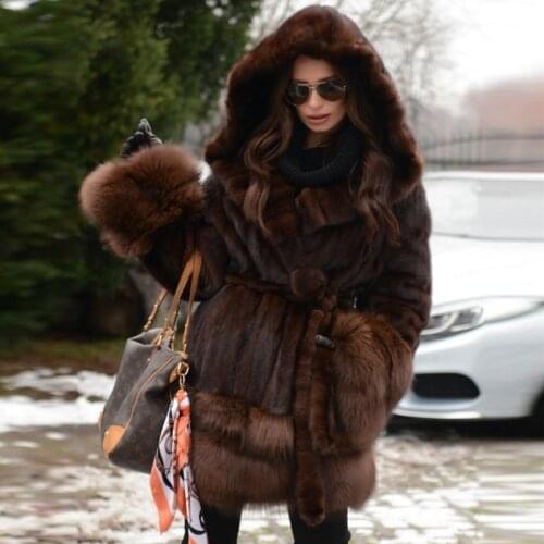 2021 Winter New Fashion Real Mink Fur Coat with Hood High Quality Genuine Mink Fur Coat Splicing Fox Fur Overcoats Woman Natural