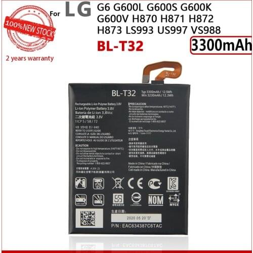 100% Genuine BL-T32 Battery For LG G6 G600L G600S G600K G600V H871 H872 H873 LS993 US997 VS988 T32 BLT32 3300mAh New Batteries