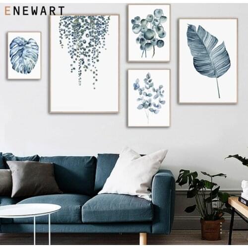 Watercolor Blue Ink Leaf Botanical Wall Art Canvas Poster Eucalyptus Monstera Foliage Print Painting Minimalist Home Decor