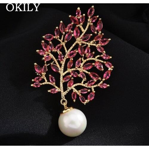 Gorgeous Red Color Zircon Leaf Brooch with Pearl lapel Pin Bijouterie Corsage Dress Coat Accessories Jewelry Gift