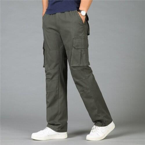 Mens Relaxed Fit Comfort Pants Straight Twill heavyweight casual elastic waist with 6 pocket classic cotton cargo work trouser