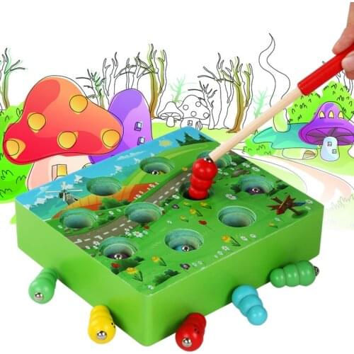 Wooden Montessori Toy Forest Mushroom Multifunctional Catch Insect Magnetic Fishing Preschool Early Education Educational Toy
