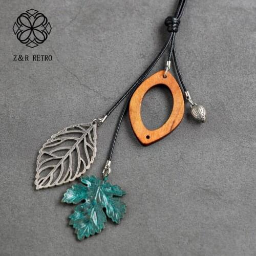 Wooden Necklace Maple Green Leaves Jewelry For Women Female Handmade Long Pendants Accessories Rope Chains 2021 Neck Decoration