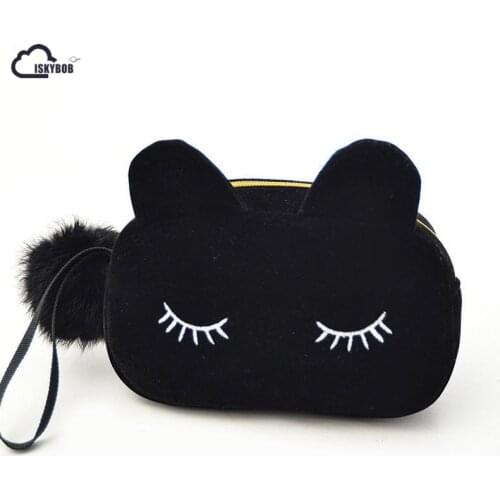ISKYBOB Portable Cartoon Cat Coin Storage Case Travel Makeup Flannel Pouch Cosmetic Bag