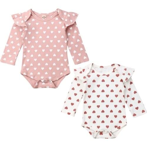 2020 Valentines Day Newborn Baby Girls Clothes Heart Print Ruffles Bodysuits Long Sleeve Cotton Toddler Jumpsuit Outfits