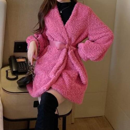 Fashion Autumn Winter Womens Lamb Wool Coat Long-sleeved Circle Jacket Loose Solid Warm Lace-up Waist Ladies Overcoat Wholesale